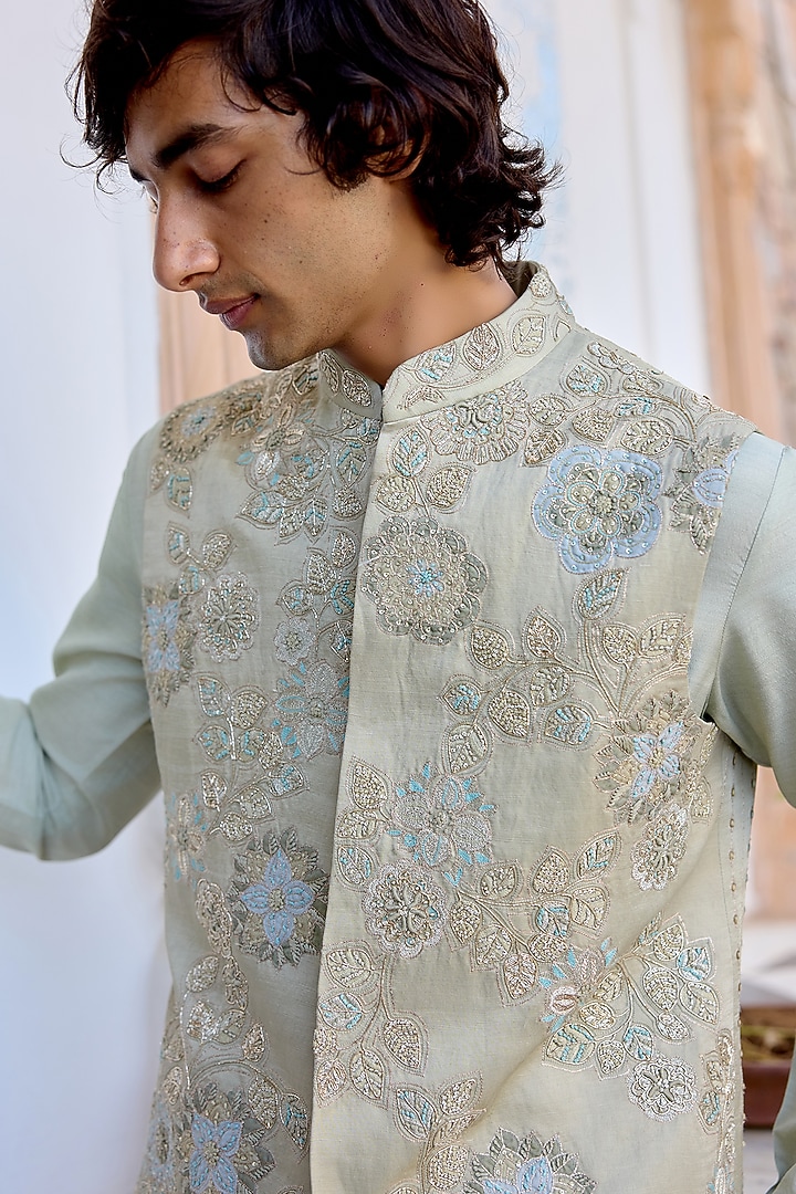 Sage Green Linen Satin Bundi Jacket Set by OSAA By Adarsh Men at Pernia's Pop Up Shop