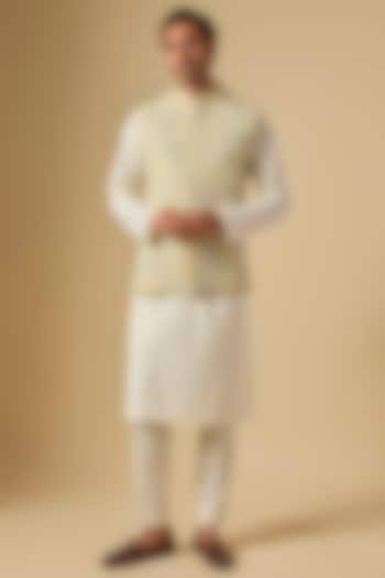 Pale Daffodil Raw Silk Thread Embroidered Nehru Jacket Set by OSAA By Adarsh Men at Pernia's Pop Up Shop