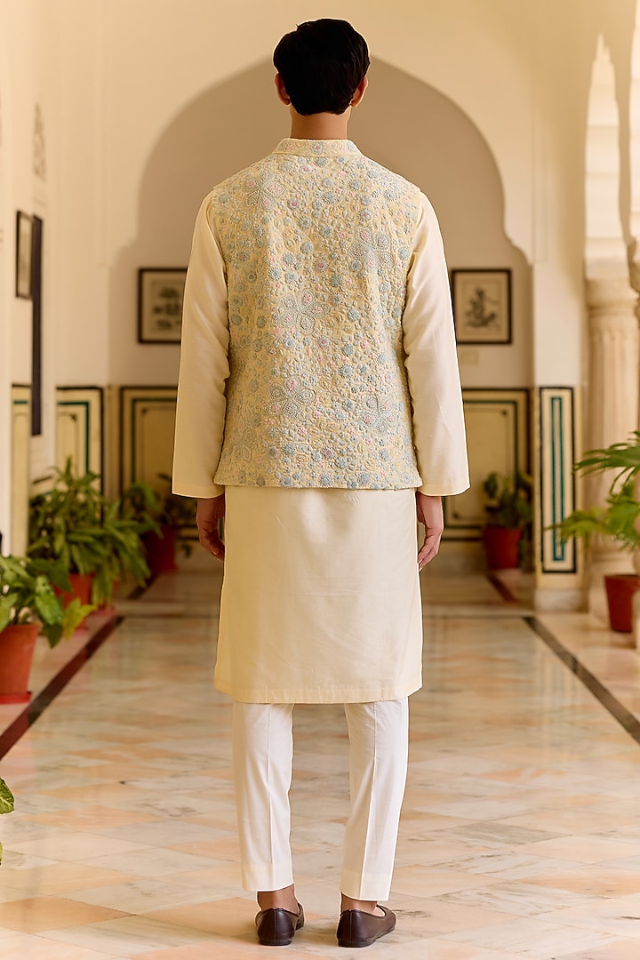 Pale Daffodil Linen Thread Embroidered Nehru Jacket Set by OSAA By Adarsh Men at Pernia's Pop Up Shop