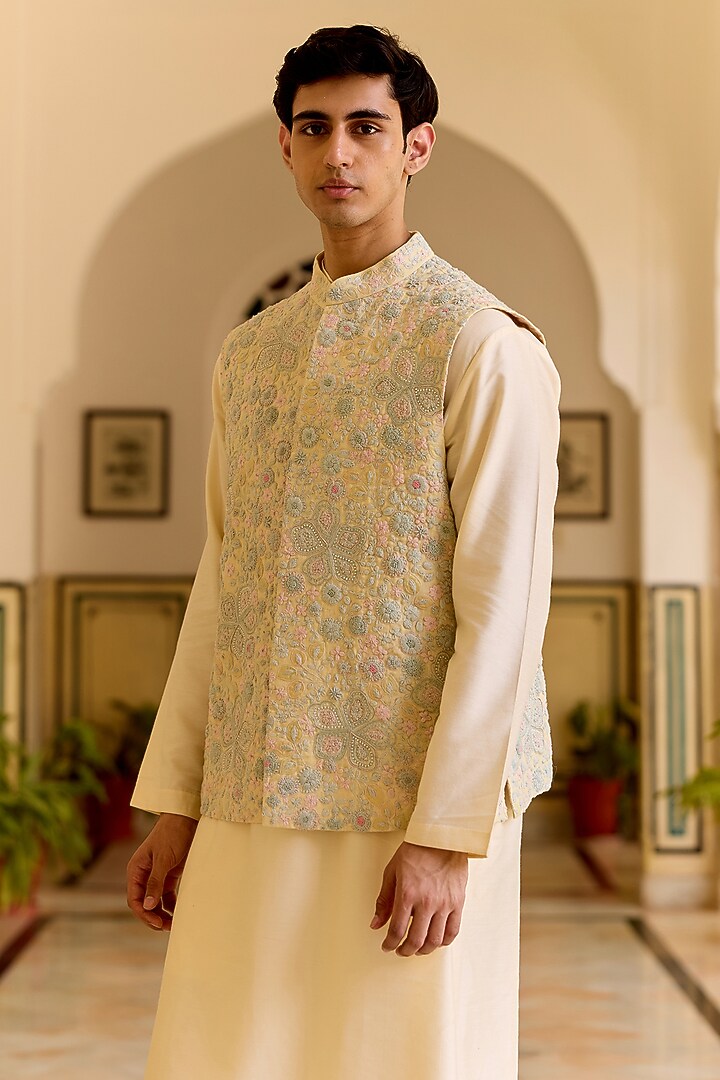 Pale Daffodil Linen Thread Embroidered Nehru Jacket Set by OSAA By Adarsh Men at Pernia's Pop Up Shop