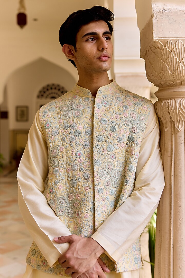Pale Daffodil Linen Thread Embroidered Nehru Jacket Set by OSAA By Adarsh Men at Pernia's Pop Up Shop