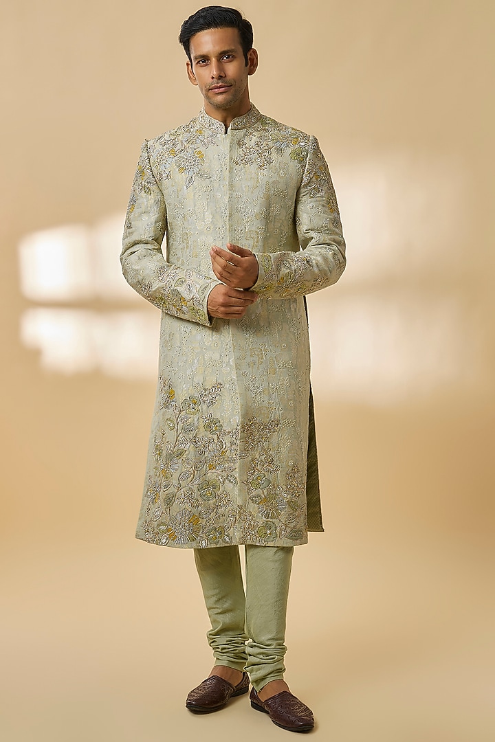 Sage Green Silk Groom Sherwani Set by OSAA By Adarsh Men at Pernia's Pop Up Shop