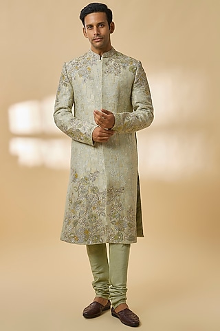 Sage Green Silk Sherwani Set by OSAA By Adarsh Men