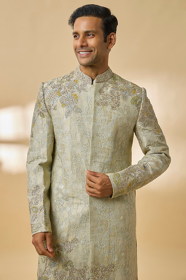 Sage Green Silk Groom Sherwani Set by OSAA By Adarsh Men at Pernia's Pop Up Shop
