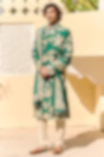 Jewel Green Raw Silk Zardosi Embroidered Sherwani Set by OSAA By Adarsh Men