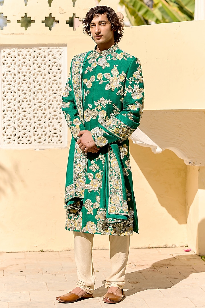 Jewel Green Raw Silk Zardosi Embroidered Sherwani Set by OSAA By Adarsh Men