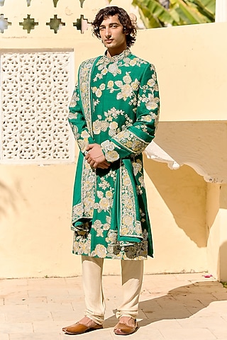 Jewel Green Raw Silk Zardosi Embroidered Sherwani Set by OSAA By Adarsh Men
