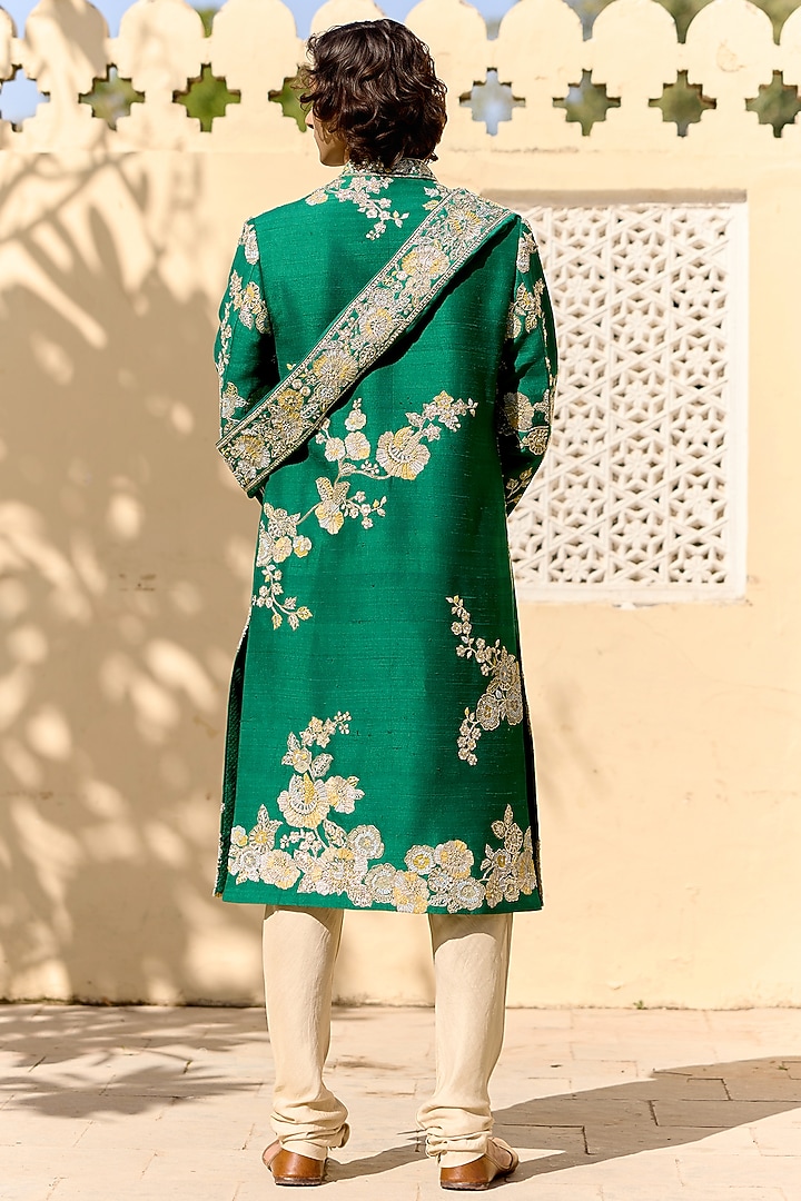Jewel Green Raw Silk Zardosi Embroidered Groom Sherwani Set by OSAA By Adarsh Men at Pernia's Pop Up Shop