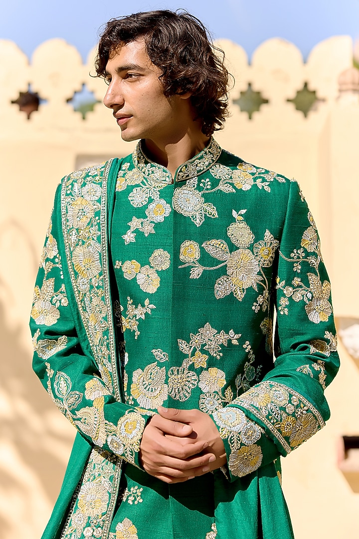 Jewel Green Raw Silk Zardosi Embroidered Groom Sherwani Set by OSAA By Adarsh Men at Pernia's Pop Up Shop