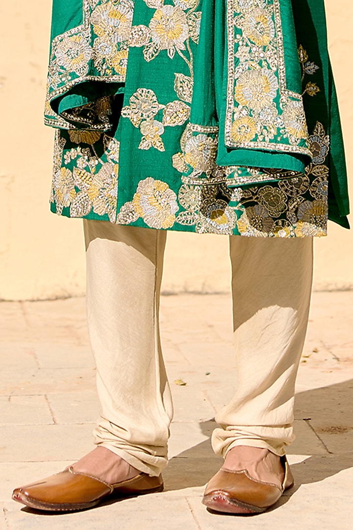 Jewel Green Raw Silk Zardosi Embroidered Groom Sherwani Set by OSAA By Adarsh Men at Pernia's Pop Up Shop