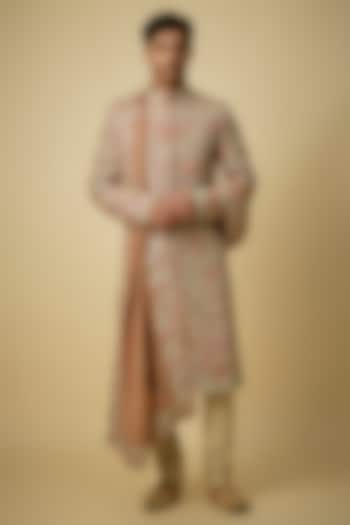 Caramel Taupe Raw Silk & Moonga Silk Sherwani Set by OSAA By Adarsh Men