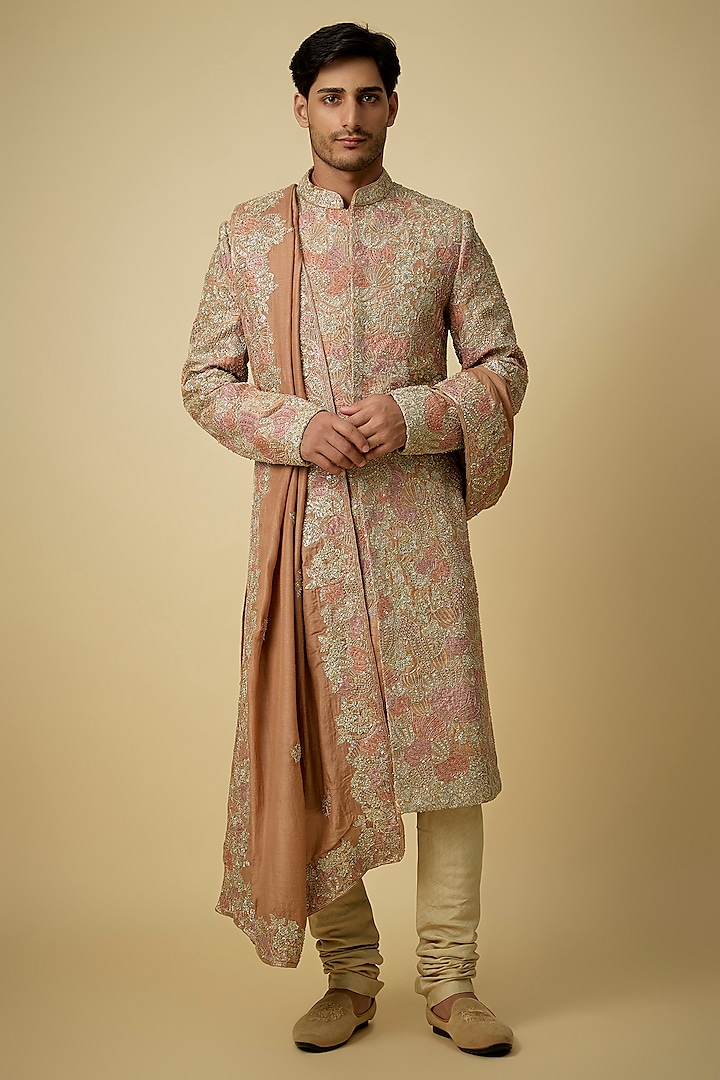 Caramel Taupe Raw Silk & Moonga Silk Sherwani Set by OSAA By Adarsh Men