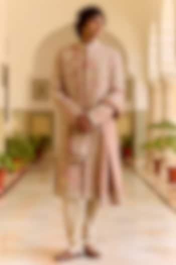 Caramel Taupe Raw Silk Zardosi Embroidered Sherwani Set by OSAA By Adarsh Men