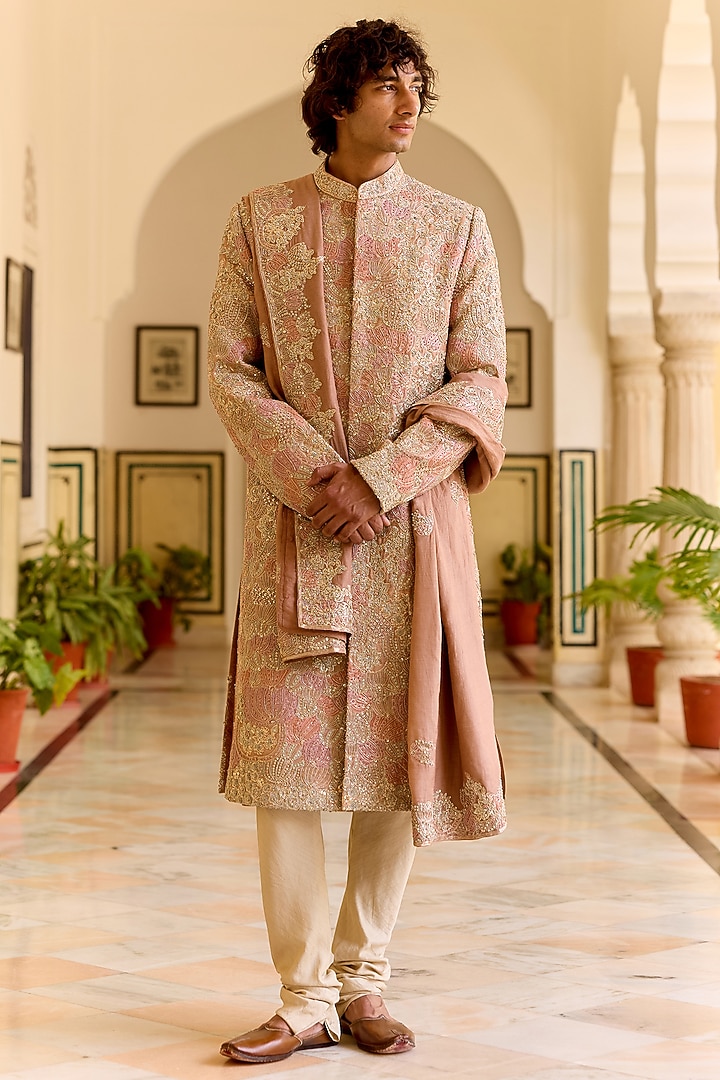 Caramel Taupe Raw Silk Zardosi Embroidered Sherwani Set by OSAA By Adarsh Men