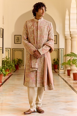 Caramel Taupe Raw Silk Zardosi Embroidered Sherwani Set by OSAA By Adarsh Men