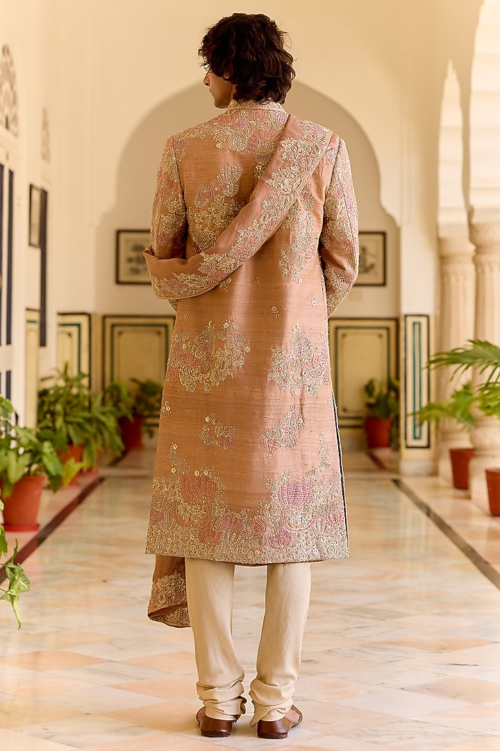 Caramel Taupe Raw Silk Zardosi Embroidered Groom Sherwani Set by OSAA By Adarsh Men at Pernia's Pop Up Shop