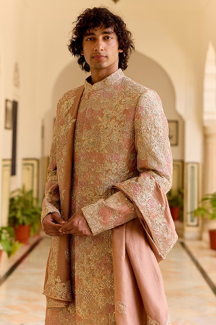 Caramel Taupe Raw Silk Zardosi Embroidered Groom Sherwani Set by OSAA By Adarsh Men at Pernia's Pop Up Shop