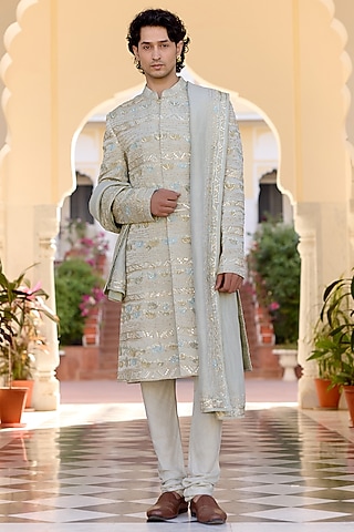 Sage Green Linen Satin Zardosi Embroidered Sherwani Set by OSAA By Adarsh Men