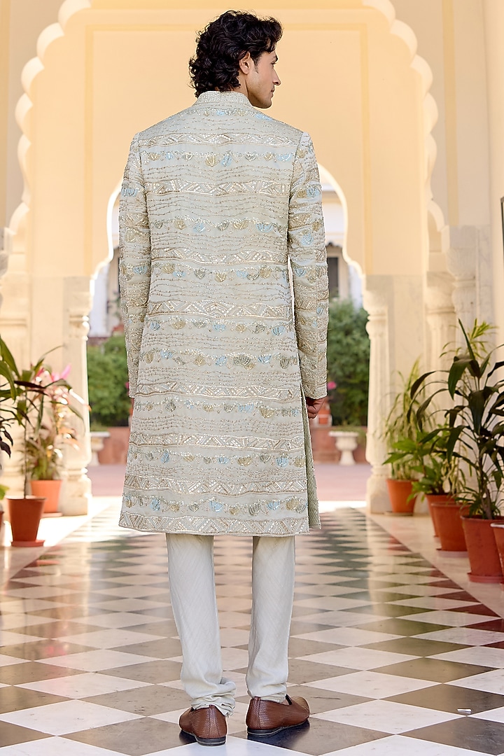 Sage Green Linen Satin Zardosi Embroidered Groom Sherwani Set by OSAA By Adarsh Men at Pernia's Pop Up Shop