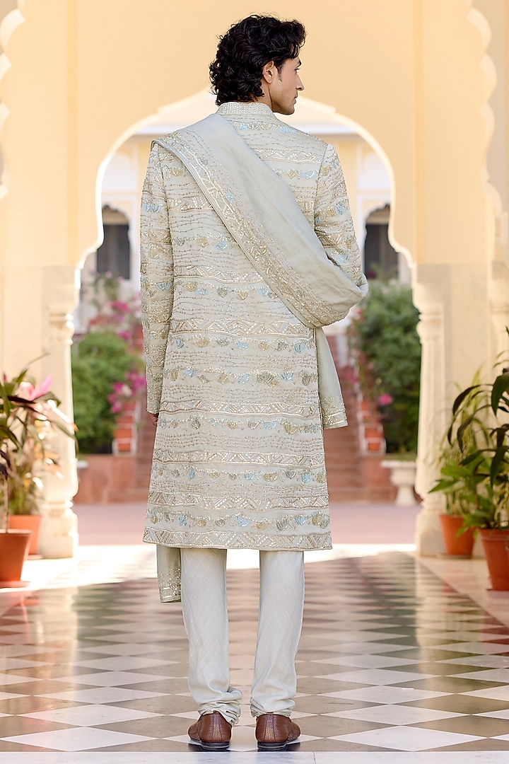 Sage Green Linen Satin Zardosi Embroidered Groom Sherwani Set by OSAA By Adarsh Men at Pernia's Pop Up Shop