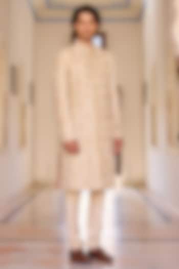 Beige Champagne Raw Silk Zardosi Embroidered Sherwani Set by OSAA By Adarsh Men