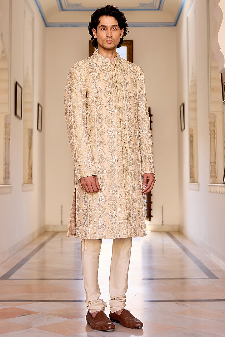 Beige Champagne Raw Silk Zardosi Embroidered Sherwani Set by OSAA By Adarsh Men