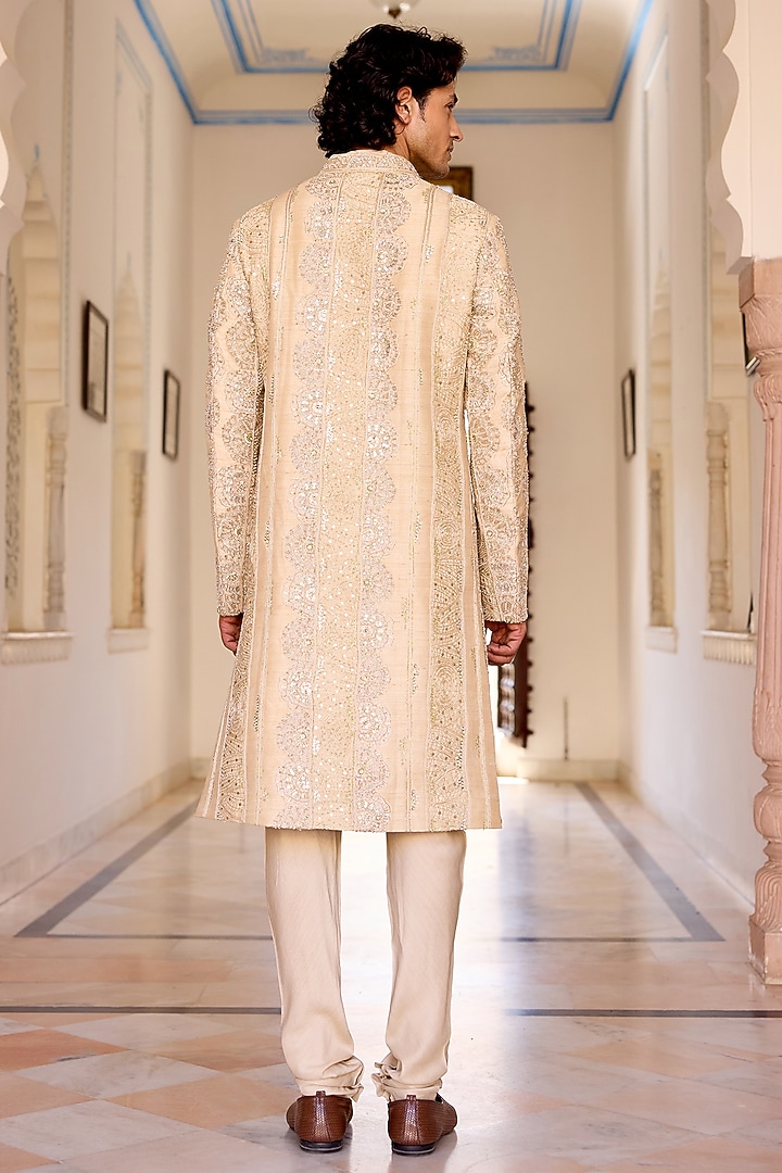 Beige Champagne Raw Silk Zardosi Embroidered Groom Sherwani Set by OSAA By Adarsh Men at Pernia's Pop Up Shop