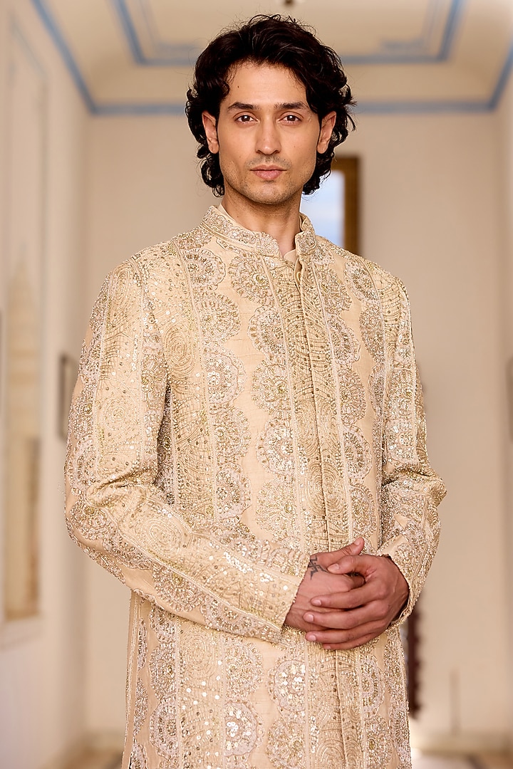 Beige Champagne Raw Silk Zardosi Embroidered Groom Sherwani Set by OSAA By Adarsh Men at Pernia's Pop Up Shop