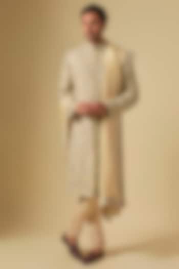 Champagne Gold Raw Silk Aari Work Sherwani Set by OSAA By Adarsh Men