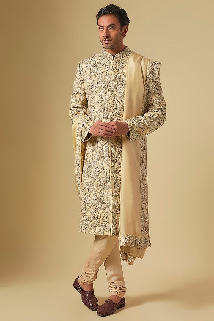 Champagne Gold Raw Silk Aari Work Sherwani Set by OSAA By Adarsh Men