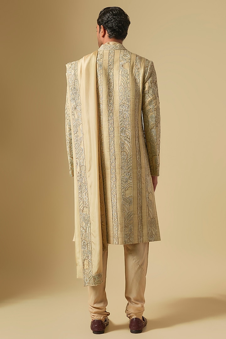 Champagne Gold Raw Silk Aari Work Sherwani Set by OSAA By Adarsh Men at Pernia's Pop Up Shop