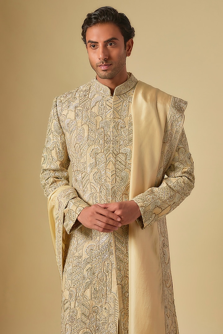 Champagne Gold Raw Silk Aari Work Sherwani Set by OSAA By Adarsh Men at Pernia's Pop Up Shop