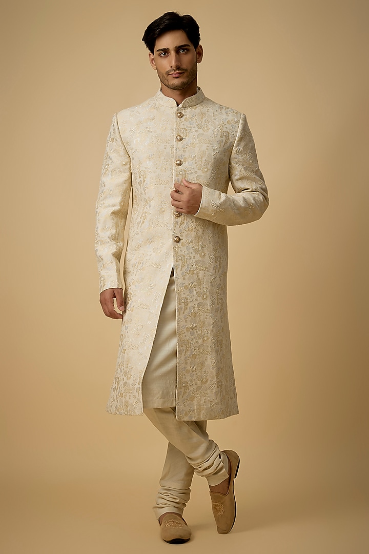 Ivory Raw Silk & Moonga Silk Sherwani Set by OSAA By Adarsh Men