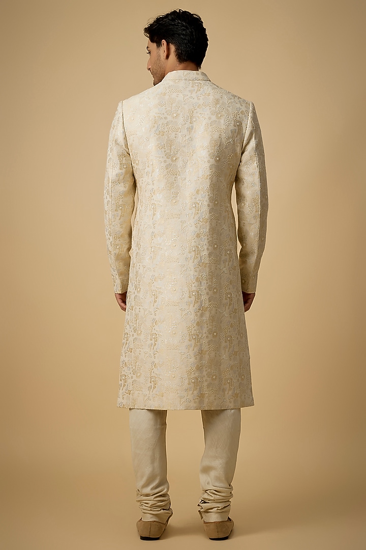 Ivory Raw Silk & Moonga Silk Groom Sherwani Set by OSAA By Adarsh Men at Pernia's Pop Up Shop