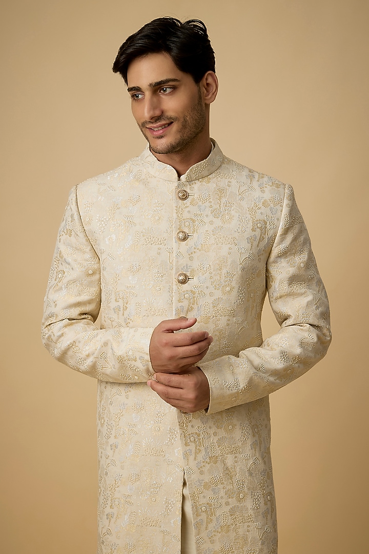 Ivory Raw Silk & Moonga Silk Groom Sherwani Set by OSAA By Adarsh Men at Pernia's Pop Up Shop