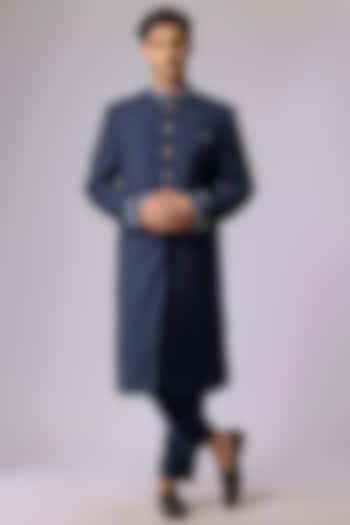 Midnight Blue Suiting Embroidered Sherwani Set by OSAA By Adarsh Men