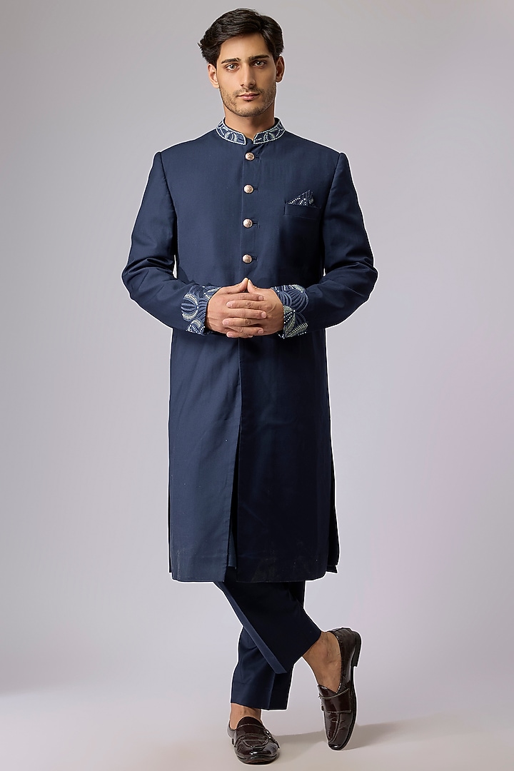 Midnight Blue Suiting Embroidered Sherwani Set by OSAA By Adarsh Men