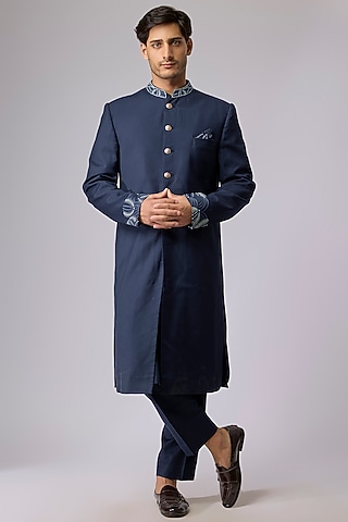 Midnight Blue Suiting Embroidered Sherwani Set by OSAA By Adarsh Men