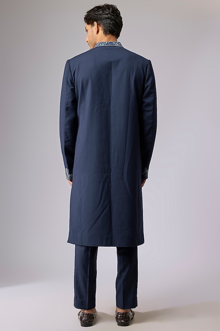 Midnight Blue Suiting Embroidered Sherwani Set by OSAA By Adarsh Men at Pernia's Pop Up Shop