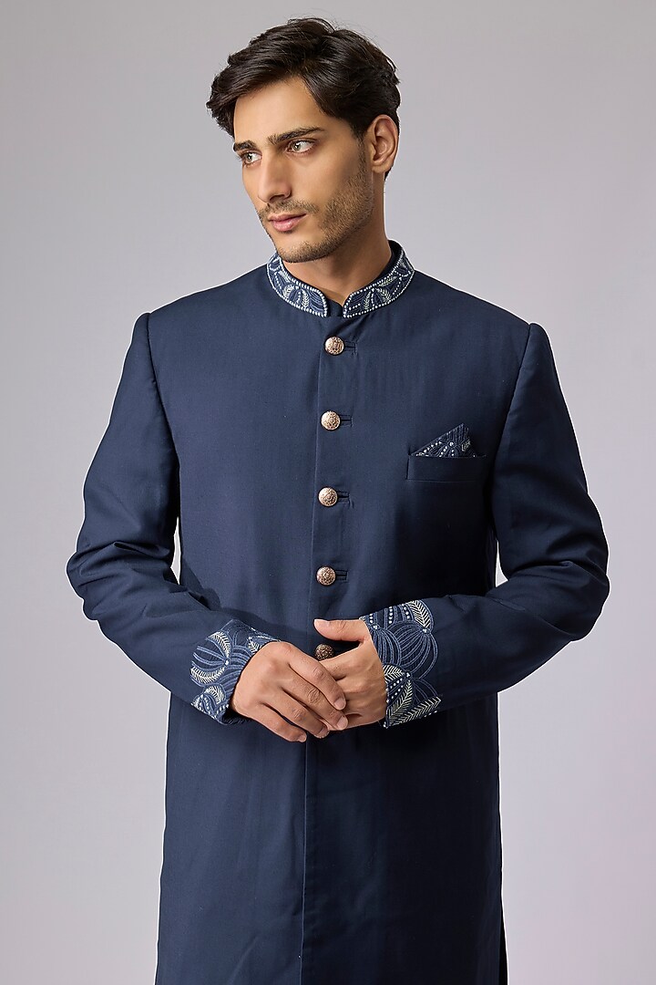 Midnight Blue Suiting Embroidered Sherwani Set by OSAA By Adarsh Men at Pernia's Pop Up Shop