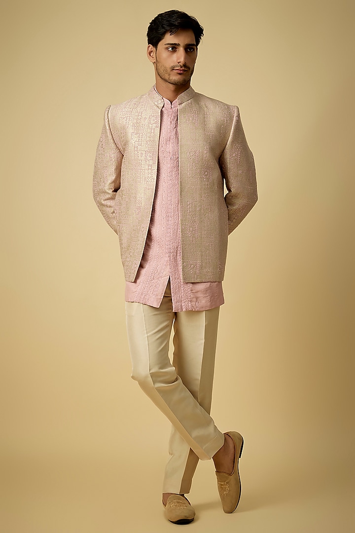 Camille Pink Raw Silk & Moonga Silk Indowestern Set by OSAA By Adarsh Men