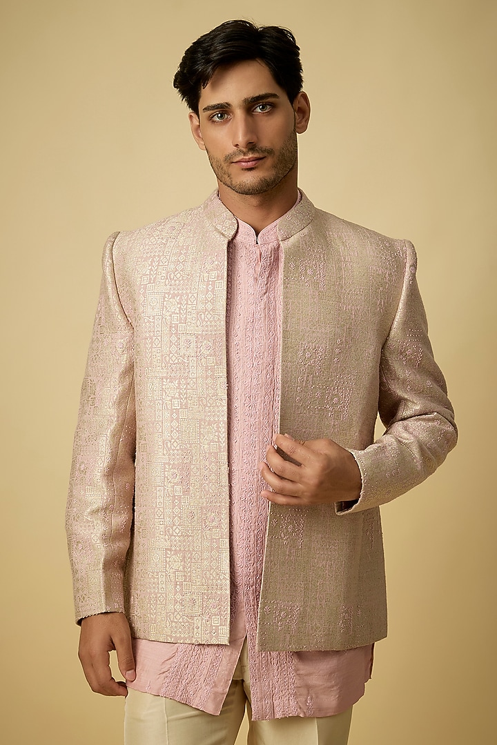 Camille Pink Raw Silk & Moonga Silk Groom Indowestern Set by OSAA By Adarsh Men at Pernia's Pop Up Shop