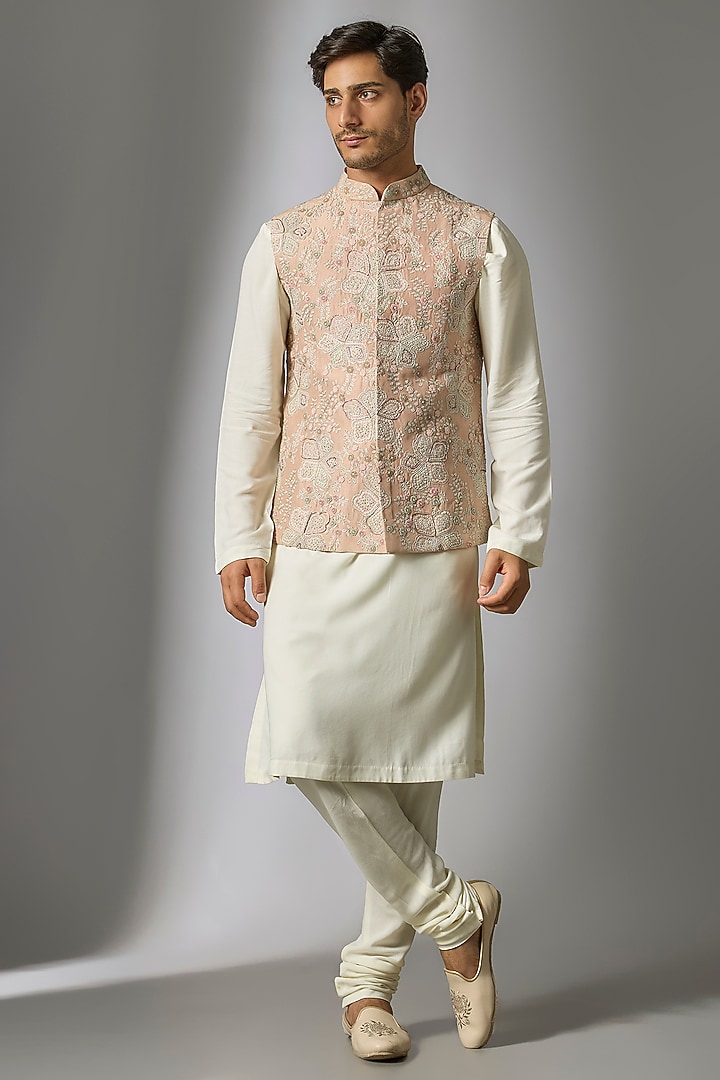 Rose-Colored Linen Nehru Jacket Set by OSAA By Adarsh Men