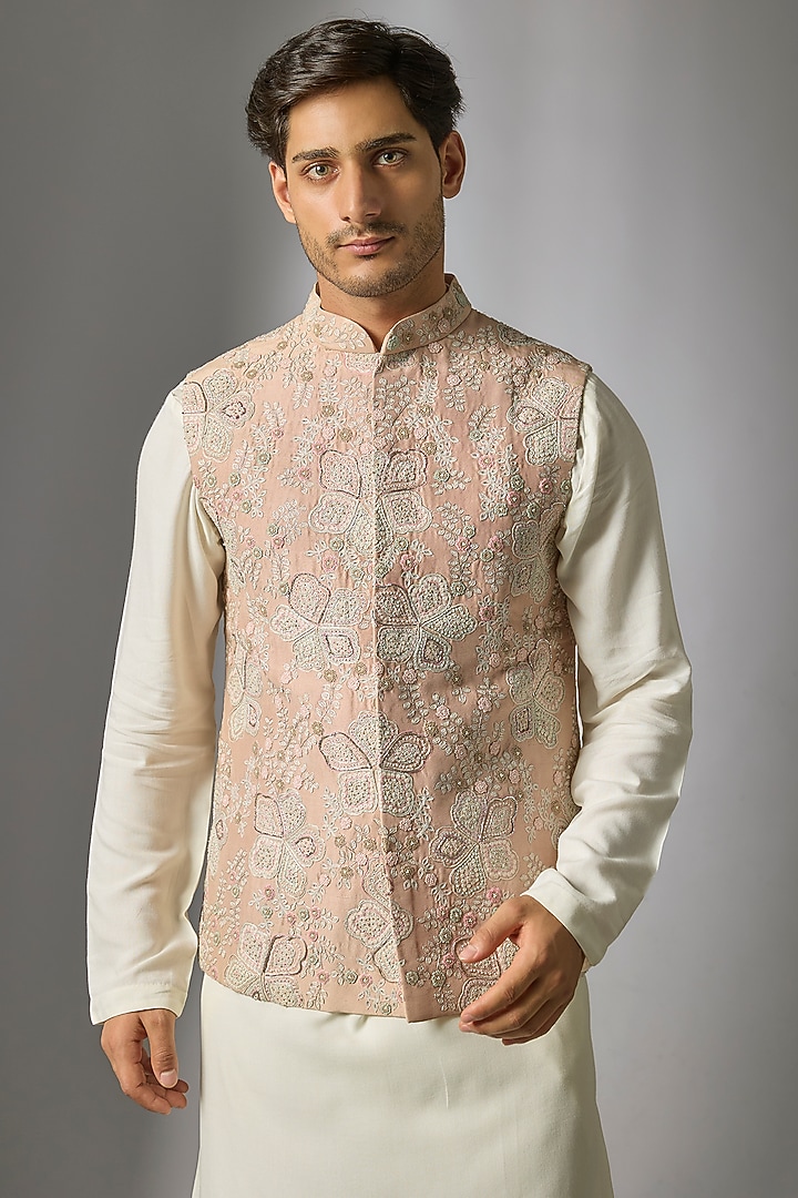 Rose-Colored Linen Nehru Jacket Set by OSAA By Adarsh Men at Pernia's Pop Up Shop