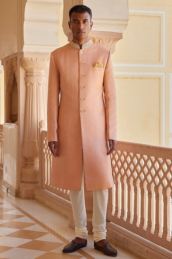 Salmon Peach Pure Linen Satin Zardosi & Aaei Work Sherwani Set by OSAA By Adarsh Men