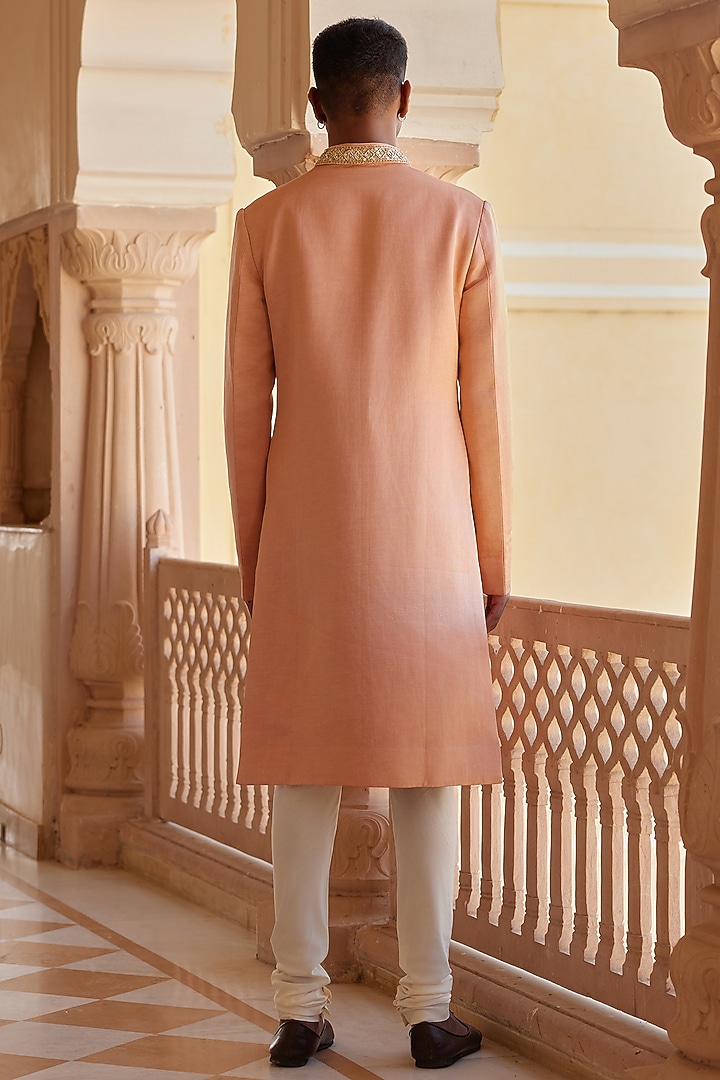 Salmon Peach Pure Linen Satin Zardosi & Aaei Work Groom Sherwani Set by OSAA By Adarsh Men at Pernia's Pop Up Shop