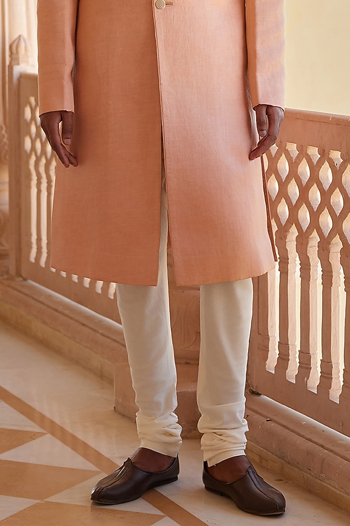 Salmon Peach Pure Linen Satin Zardosi & Aaei Work Groom Sherwani Set by OSAA By Adarsh Men at Pernia's Pop Up Shop