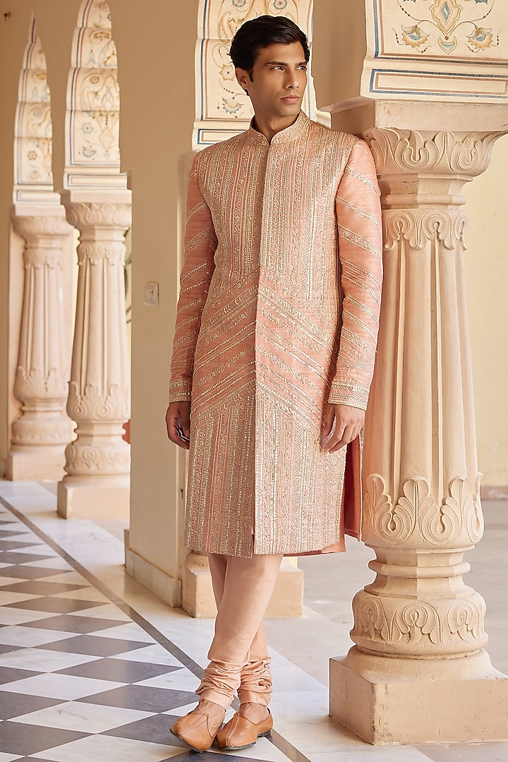 Salmon Peach Raw Silk Zardosi & Aari Work Sherwani Set by OSAA By Adarsh Men