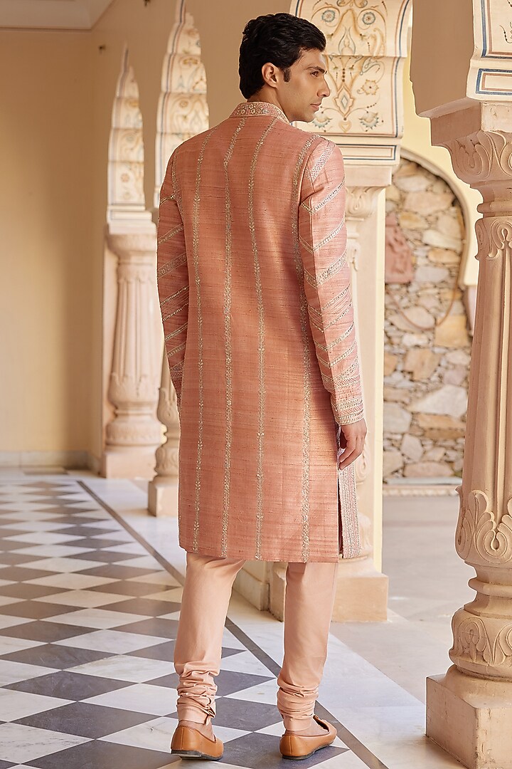 Salmon Peach Raw Silk Zardosi & Aari Work Groom Sherwani Set by OSAA By Adarsh Men at Pernia's Pop Up Shop