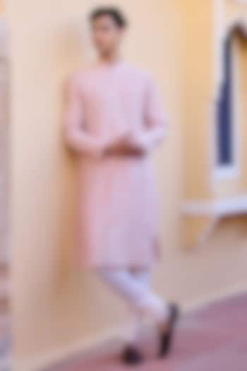 Baby Pink Moonga Silk Zardosi Embroidered Kurta Set by OSAA By Adarsh Men